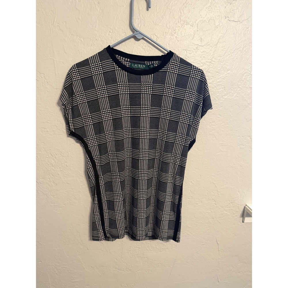 Lauren Ralph Lauren Womens Glen Plaid Knit Top Black White Short Sleeve Medium